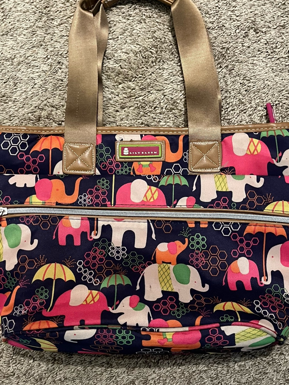 Lily Bloom Navy Insulated Tote with Pink, Orange, Green & Cream Elephants